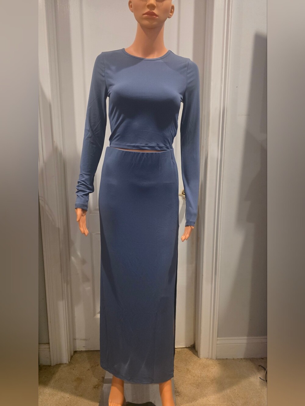 Double Zero Dusty Blue Long Sleeve Two-Piece Maxi Skirt Set